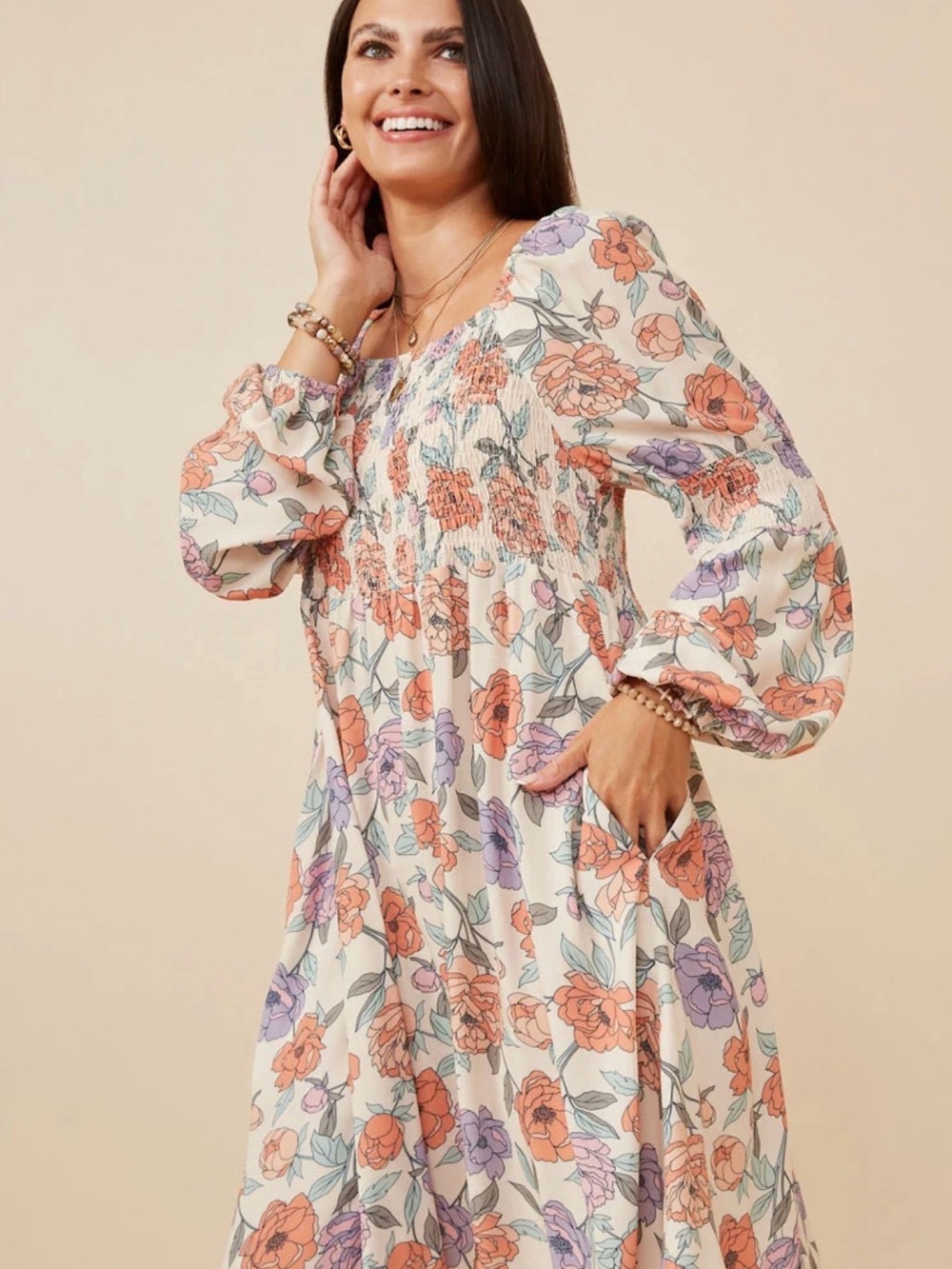 Hayden Cream Midi Dress with Coral & Lavender Floral Print
